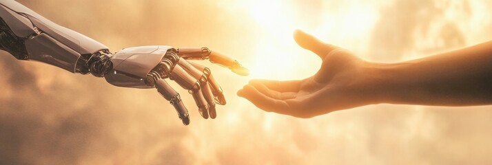 Poster - A robot hand reaches toward a human hand, symbolizing the connection between technology and humanity in a hopeful, warm setting. Generative AI