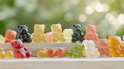 Fototapete - Closeup Macro Shot of Assorted Gummy Bears Highlighting Their Glossy Surface and Chewy Texture with a Soft Blurred Bokeh Backdrop  Vibrant Colorful Candy Treats in a Studio Setting