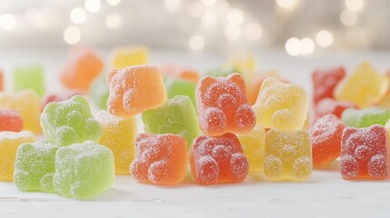 Fototapete - Closeup of Vibrant Gummy Bears with Inviting Texture and Soft Bokeh Highlights   Detailed shot showcasing the rich colors tempting appearance