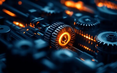 Aufkleber - A close-up view of intricate mechanical gears with a glowing orange light, emphasizing a blend of technology and design.