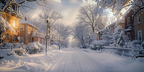 Poster - A snowy street. Perfect for winter cityscape scenes or holiday-themed designs.