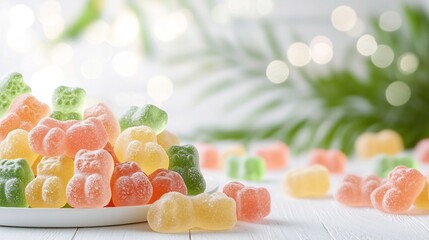 Poster - Close up image of brightly colored shiny gummy bears with a soft dreamy bokeh background effect  The gummies have a tempting appetizing texture that draws the eye to the delicious sugary confection