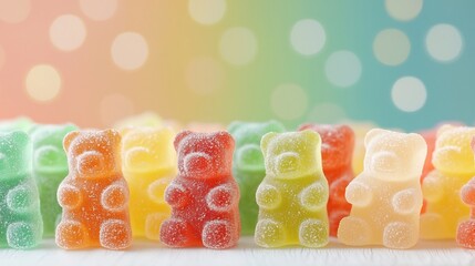 Poster - Captivating close up image showcasing the vibrant textured details of assorted gummy bears arranged together