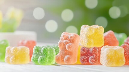 Poster - Vibrant close up image of assorted colorful gummy bears set against a soft dreamy bokeh background capturing their shiny textural appeal and creating a tantalizing indulgent visual treat