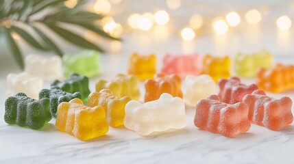 Aufkleber - Closeup capture of various colored gummy bears highlighting their smooth shiny surface with a soft blurred bokeh glow in the background  The gummy bears have a vibrant