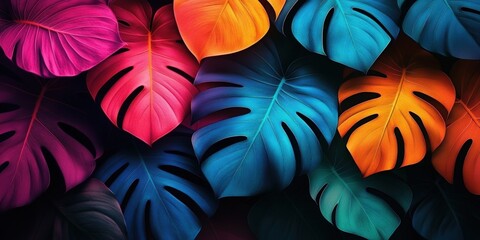 Poster - vibrant tropical leaves in vivid colors creating a stunning abstract background for nature-themed de