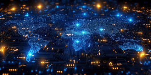 Poster - futuristic digital world map representing global connectivity with circuit board design, glowing nod