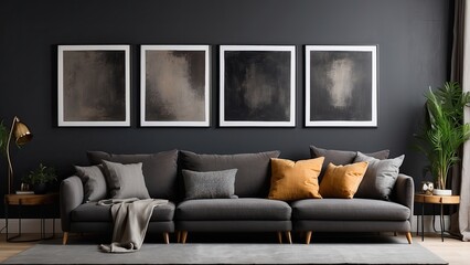 Three accent canvas square paintings in the living area. Art frames on a dark wall. Dark-colored gallery with a gray couch or sofa. A triptych of rich showcase mockup layouts-