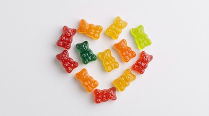 Poster - Vibrant and Playful Heart Shaped Arrangement of Multicolored Gummy Bears Against a Simple Background Creating a Visually Appealing and Appetizing Candy Concept