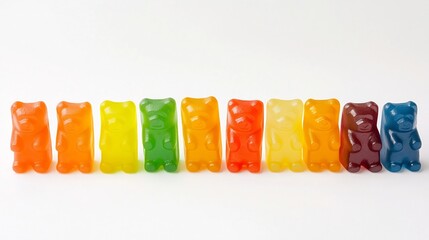 Poster - Visually appealing arrangement of gummy bears in a gradient of bright vibrant colors forming a captivating spectrum display  The candy snacks are precisely aligned in neat rows creating a composition