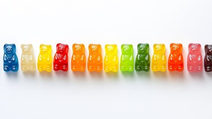 Poster - Visually captivating arrangement of gummy bears in a gradient spectrum of vibrant colors creating a striking and appealing image for use in a variety of creative projects and designs