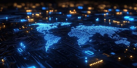 Poster - modern digital world map with circuit patterns illuminated by led lights for global network and tech