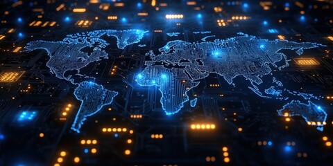 Poster - digital world map visualization with circuit pattern and glowing lights representing global connecti