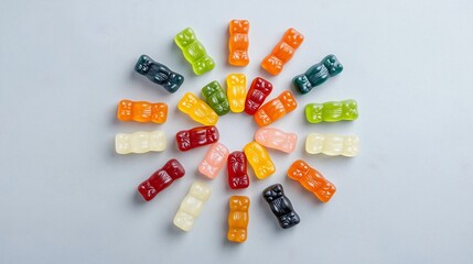 Fototapete - Vibrant Star Shaped Gummy Bear Arrangement on Neutral Background   Colorful Candies Forming a Fun and Dynamic Design