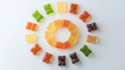 Fototapete - Cheerful and vibrant gummy bears arranged in a playful smiley face composition on a clean white background  This sweet sugary and textured food photograph captures a sense of joy and happiness