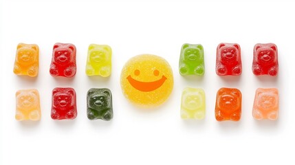Poster - Vibrant colorful gummy bears arranged in a cheerful playful smiley face composition against a clean white background  The sweet sugary treats create a visually pleasing stylized design