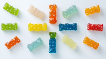 Leinwandbilder - Visually striking arrangement of a cross shape made from vibrant translucent gummy bears of different colors placed on a plain minimalist background highlighting the symmetry texture