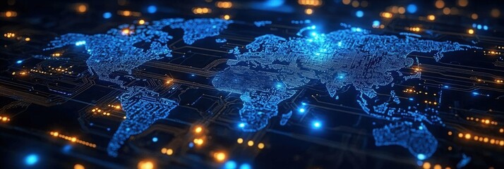 Poster - futuristic world map visualization overlaid with circuit patterns and illuminated lights representin