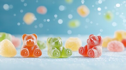 Poster - Assorted Gummy Bears on a Vivid Blue Background Highlighted with Beautiful Bokeh Lighting that Enhances their Colors and Appeal  A Captivating and Mouthwatering Confectionery Snack Shot