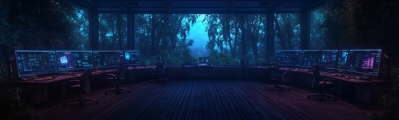 Poster - A futuristic, dimly-lit room filled with glowing plants and technological stations, immersed in blue hues and nature.