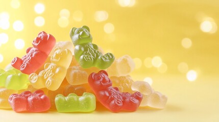 Aufkleber - Delightful Arrangement of Colorful Gummy Bears Stacked in a Radiant Pile Against a Luminous Glowing Bokeh Background Creating a Mouthwatering and Appetizing Visual Delight