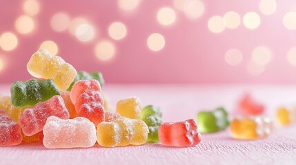 Poster - Colorful and Enticing Gummy Bears Displayed on a Bright Pink Background with Soft Bokeh Lights Creating a Vibrant and Appetizing Visual Experience