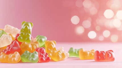 Poster - Colorful gummy bears artfully arranged on a bright vibrant pink background with soft defocused bokeh lighting creating an appetizing and tempting scene