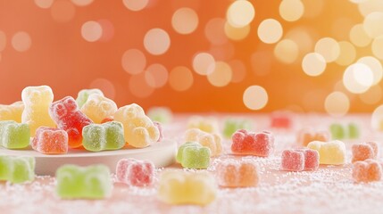 Poster - Delightfully Vibrant and Colorful Gummy Bears Arranged on a Striking Neon Orange Background with a Beautiful Bokeh Effect Creating an Appetizing and Fun Scene