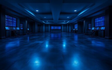 Poster - A dimly lit, blue-toned room with a reflective floor and illuminated screens, creating a high-tech and futuristic atmosphere.