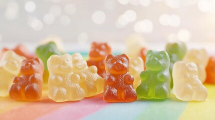 Poster - Close up of colorful gummy bears with a glossy textured surface set against a vibrant rainbow background and accented with delicate bokeh for a lively
