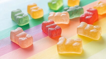 Aufkleber - Closeup of glossy translucent gummy bears in a variety of vibrant colorful hues set against a lively rainbow colored background