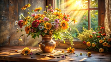 Sticker - A Rustic Windowsill With a Bouquet of Flowers in a Copper Vase, Bathed in Golden Sunlight