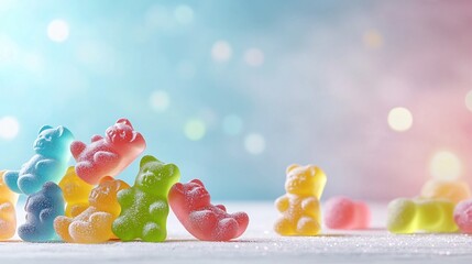 Poster - Colorful gummy bears resting on a soft pastel gradient background with gentle bokeh effects creating an inviting sweet and visually appealing atmosphere