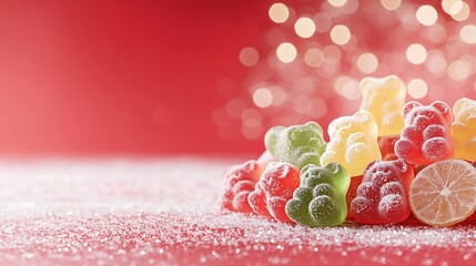Poster - Assorted vibrant gummy bears in various colors and shapes displayed on a bright red background with sparkling bokeh lights creating a captivating and enticing visual effect