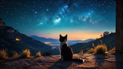 Naklejka na meble A serene scene of a cat gazing at a breathtaking sunset mixed with a starry sky, surrounded by picturesque mountains and blooming flowers
