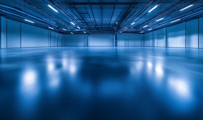 Aufkleber - A spacious, well-lit industrial area featuring a glossy blue floor and modern overhead lighting, creating a sleek, contemporary ambiance.