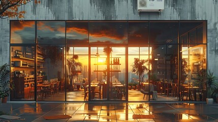 Poster - The exterior of the cafe embodies a minimalist and elegant aesthetic, featuring a soft dark gray stone texture.