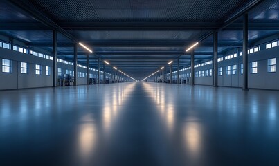 Aufkleber - A vast, industrial space featuring polished floors and symmetrical lines, illuminated by overhead lights, creating a calm and spacious atmosphere.