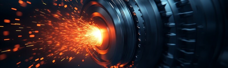 Poster - A dynamic image showcasing sparks and light emerging from a dark mechanical component, illustrating energy and industrial processes.