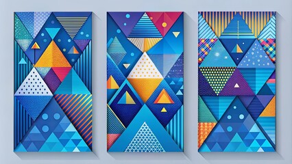 Wall Mural - Abstract Geometric Pattern Composed of Triangles, Lines, and Dots in Vibrant Hues of Blue, Yellow, Orange, Red, and Purple