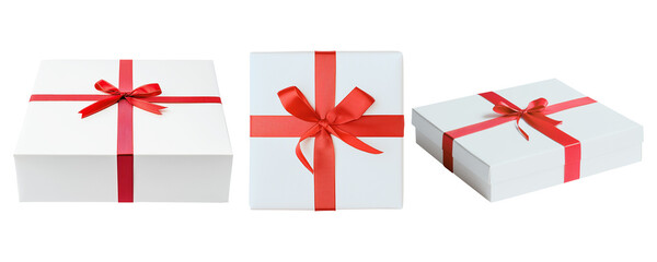 Wall Mural - Set of isolated gift boxes with ribbon on a transparent background for Christmas party and New Year sales or celebration events. Red and white color tones. Top, front and isometric view.