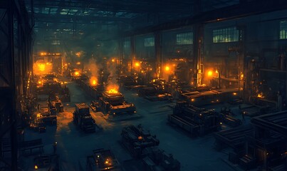 Poster - A dramatic industrial scene illuminated by fiery lights, showcasing machinery and equipment in a large, shadowy warehouse environment.