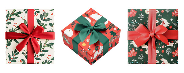 Wall Mural - Set of isolated gift boxes with ribbon on a transparent background for Christmas party and New Year sales or celebration events. Red, green and white color tones. Top and isometric view.