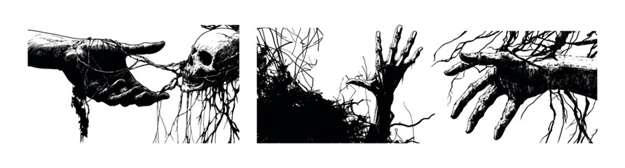 Poster - Human hand and skull roots stucking black ink sketch vector concepts. Ropes arm tangled withered branches stripes wrist touch fingers open looking for help gesture, horror movies manga anime posters