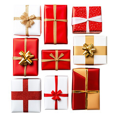 Wall Mural - Set of isolated gift boxes with ribbon on a transparent background for Christmas party and New Year sales or celebration events. Red, gold and white color tones. Top view.