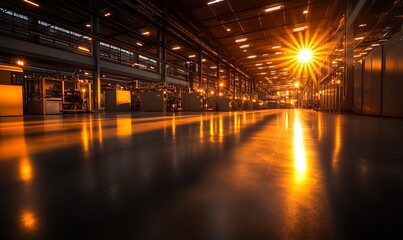 Poster - A sunlit industrial space with reflective floors, showcasing warm light patterns and an expansive atmosphere.