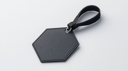 Fototapete - Hexagon shaped product tag or label with a smooth flat surface and strong strap attachment standing alone on a plain white background suitable for professional item marking branding