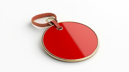 Fototapete - Elegant circular luxury tag with a smooth glossy finish in a vibrant red and gold color featuring a secure strap for attaching to high end products perfect for premium branding and packaging design