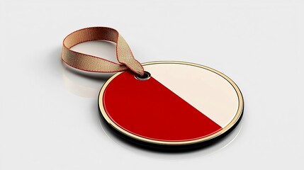 Fototapete - Circular and glossy red and gold luxury tag or label with a smooth metallic finish and a secure strap isolated on a clean white background  The premium design element is perfect for high end branding