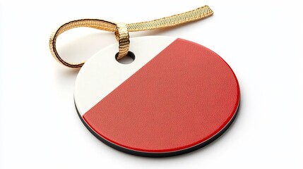 Fototapete - Glossy Circular Red and Gold Luxury Product Tag with Secure Strap Isolated on Clean White Background Perfect for Branding Labeling or Accessory Design